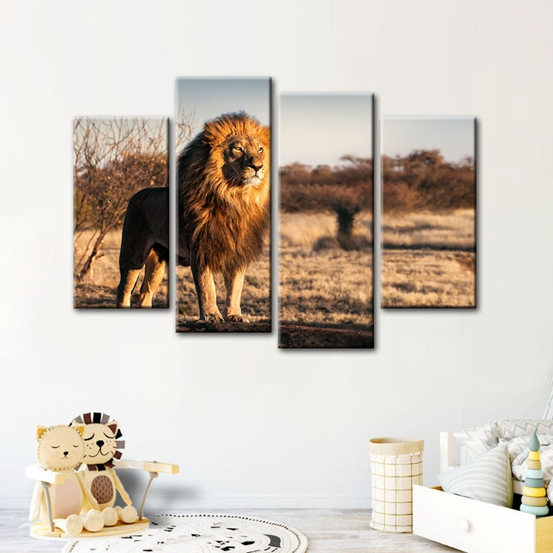 4-teiliger majestätischer Löwe im Sonnenlicht - Leinwand Wandkunst Malerei