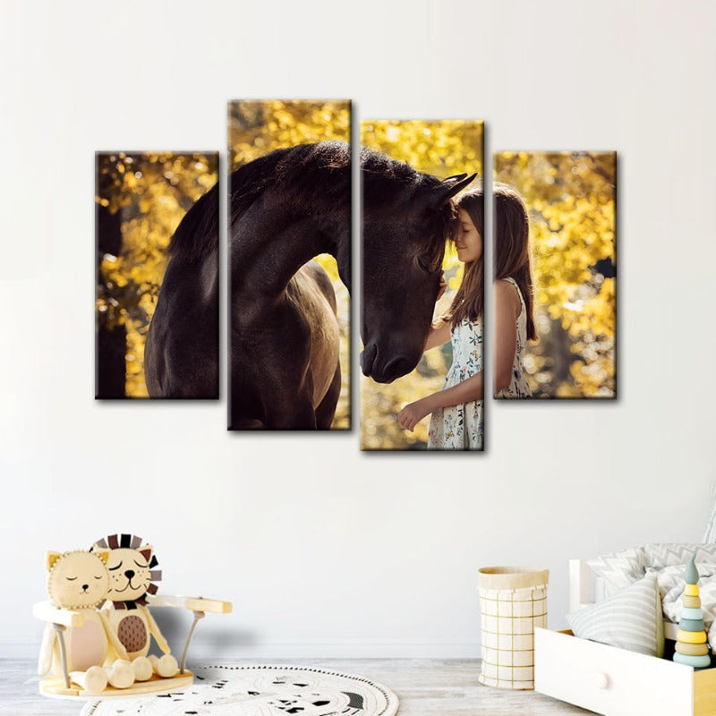 4-teilige Freundschaft zwischen einem Mädchen und einem Pferd - Leinwand Wandkunst Gemälde