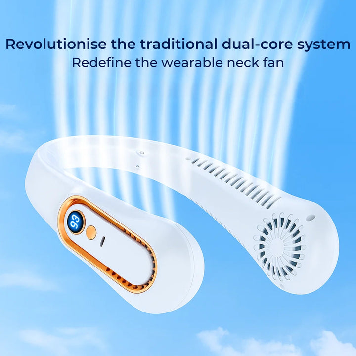 CoolEase | Tragbarer Nackenventilator – Federnloses freihändiges Kühlen – Fünf Geschwindigkeiten USB-C – Reisen Büro Shuttle Karnz
