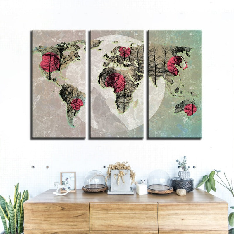 Schöne abstrakte rosa Sonnen-Weltkarte-Canvas-Wandkunstgemälde 3 Teile