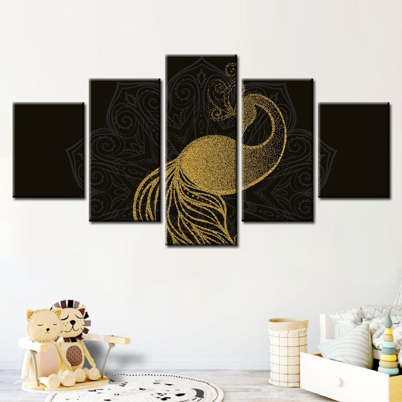 5-teiliges abstraktes goldenes Mandala-Pfau - Leinwand Wandkunst Gemälde