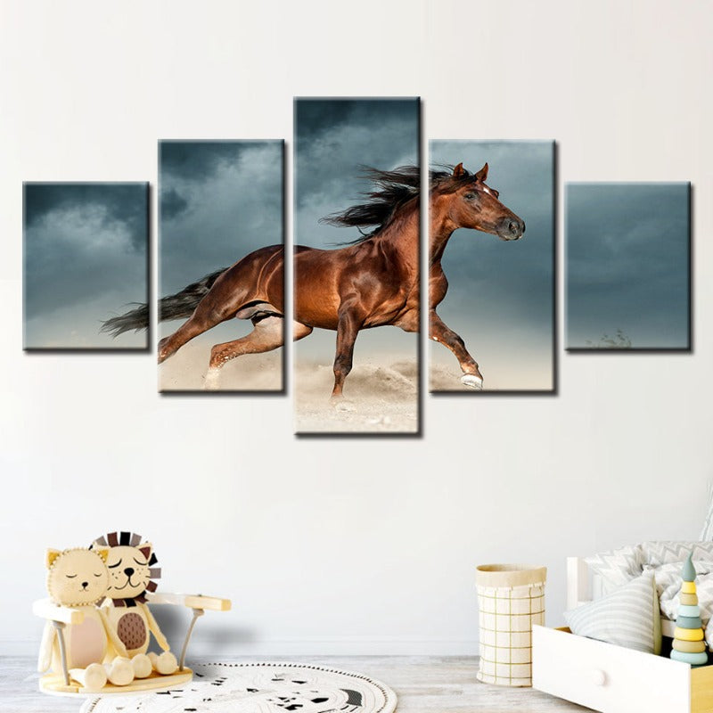 5 Stück Braunes Pferd in der Wüste - Leinwand Wandkunst Gemälde