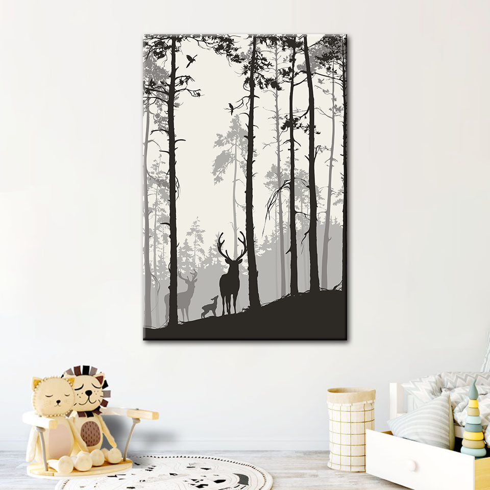 Silhouette einer Hirschfamilie – Leinwandbild