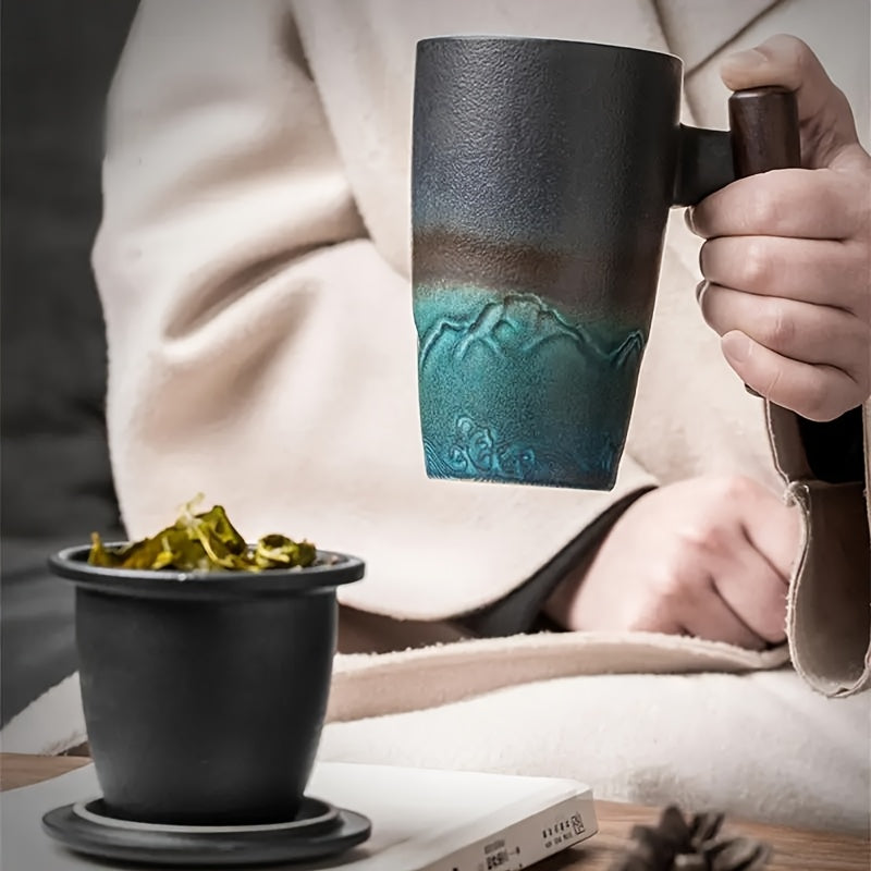 Karnz | TeaCraft Ceramic Mug | Handcrafted | With Tea Filter and Wooden Handle | Retro Design