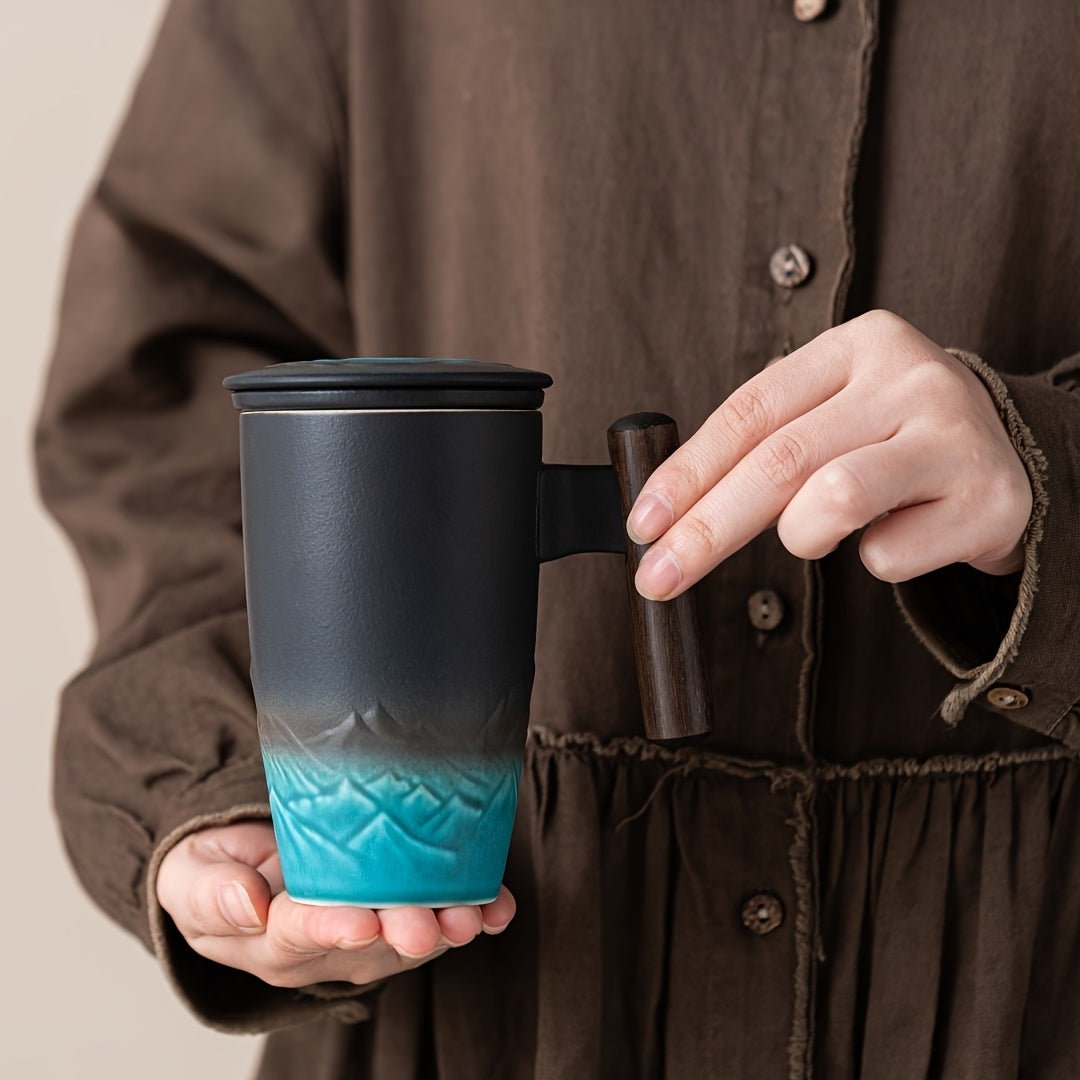 Karnz | TeaCraft Ceramic Mug | Handcrafted | With Tea Filter and Wooden Handle | Retro Design