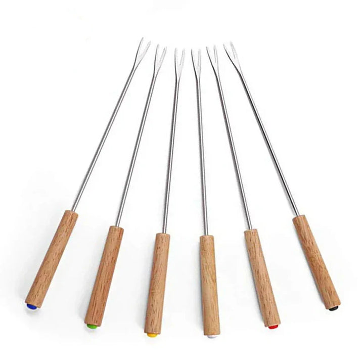 6 Stück Edelstahlgabeln mit Holzgriff für BBQ Lagerfeuer Grill | Karnz