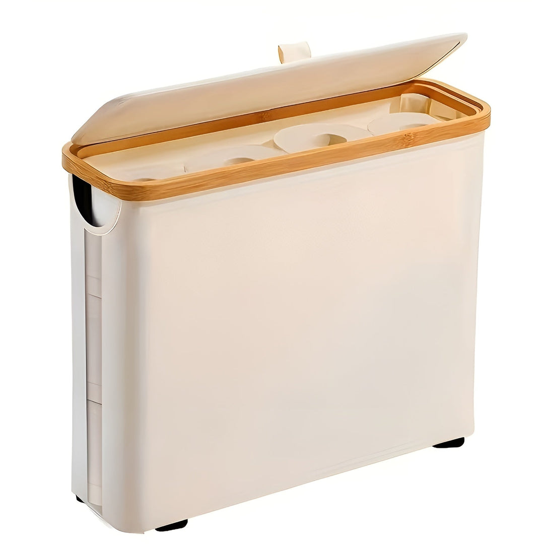 Großer Toilettenpapierhalter mit Deckel – platzsparend & faltbar | Holzrahmen für Badezimmer & Toilette | Karnz