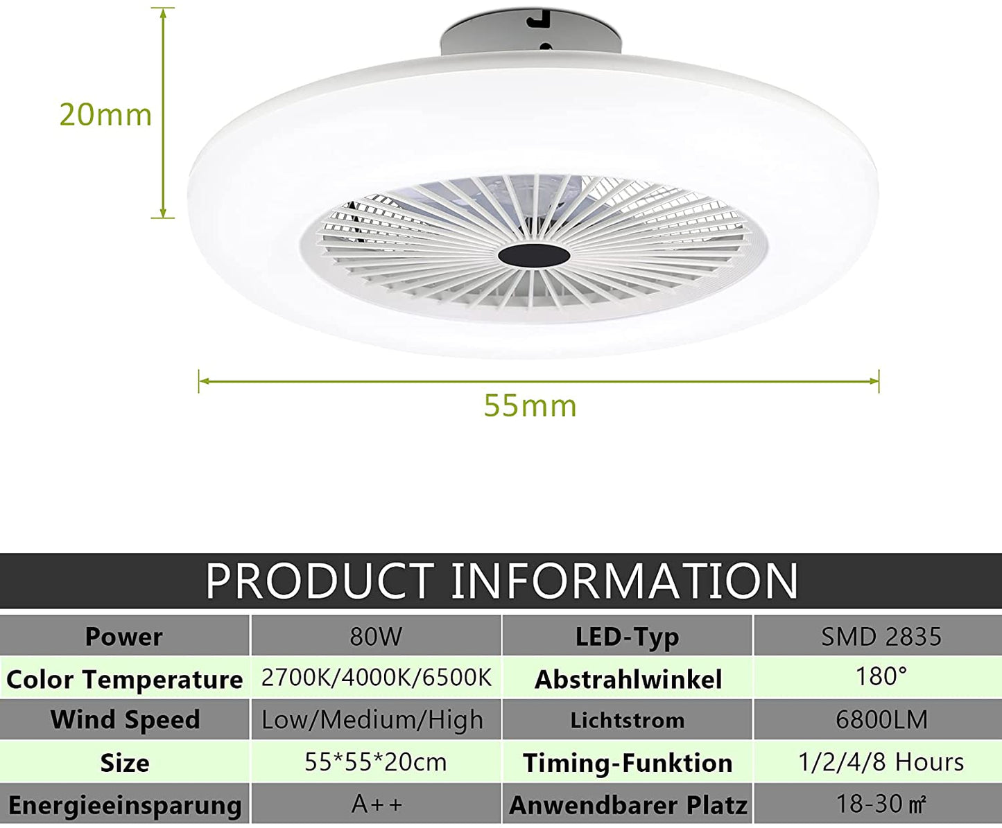 Deckenventilator mit Beleuchtung 80W mit Fernbedienung | Karnz