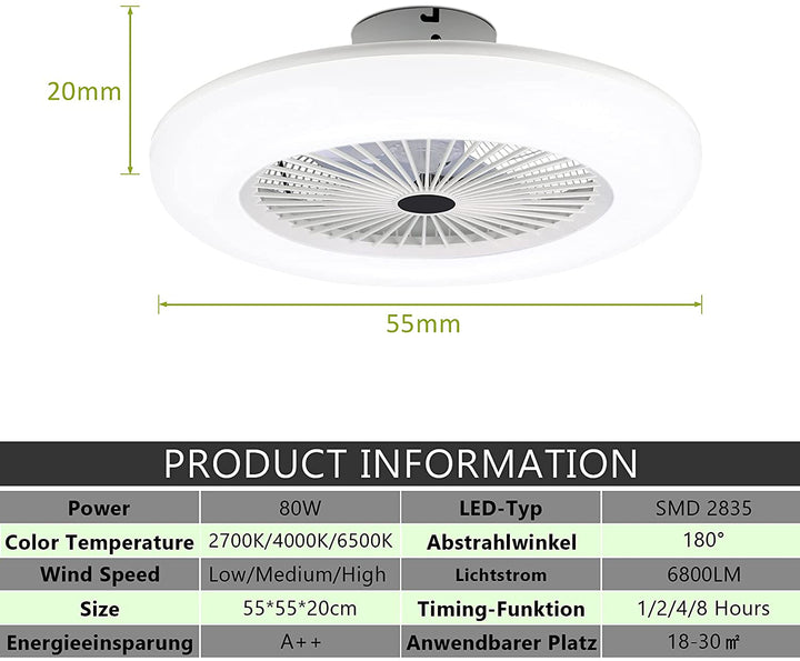 Deckenventilator mit Beleuchtung 80W mit Fernbedienung | Karnz