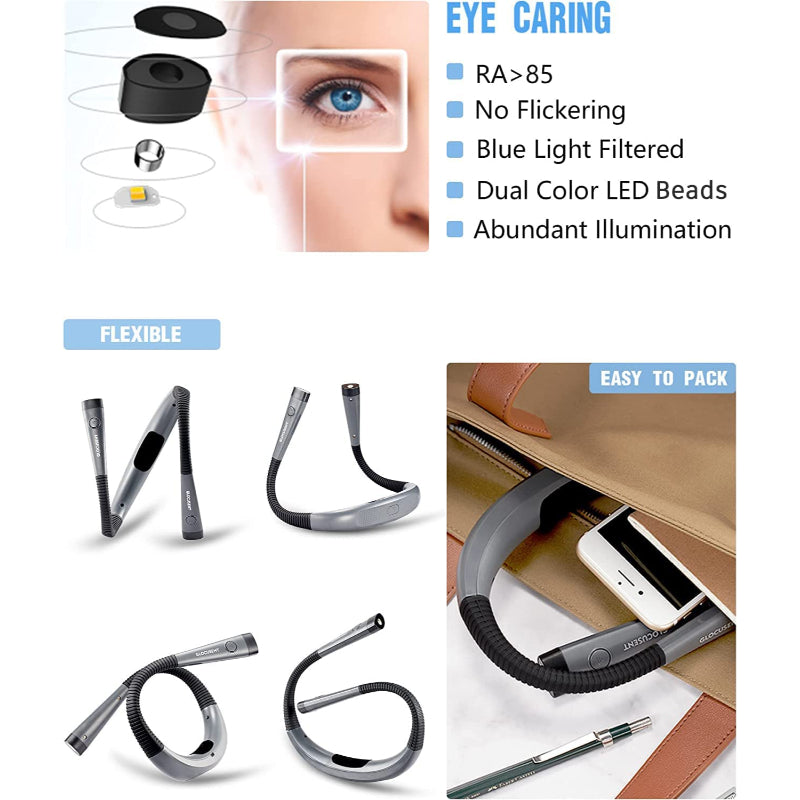 LED Nackenleselampe, Buchlicht zum Lesen im Bett, 3 Farben, 6 Helligkeitsstufen, flexibler Arm, wiederaufladbar, langlebig, perfekt zum Lesen, Stricken, Camping, Reparieren