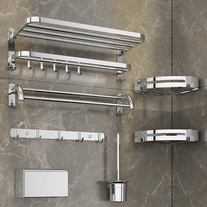 Zeitgenössisches Badezimmer-Accessoire-Set aus verchromtem Edelstahl mit Bademantelhaken/Handtuchstange