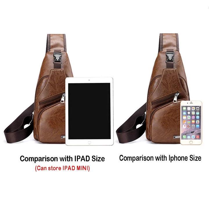 Karnz | Große Herren-Leder-Tasche Brust-Rucksack Wasserfester Crossbody-Bag mit USB