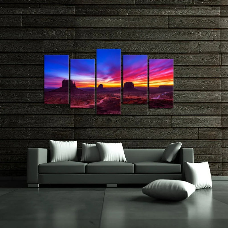 Set mit 5 dekorativen Leinwandbildern mit dramatischem Sonnenaufgangsmotiv