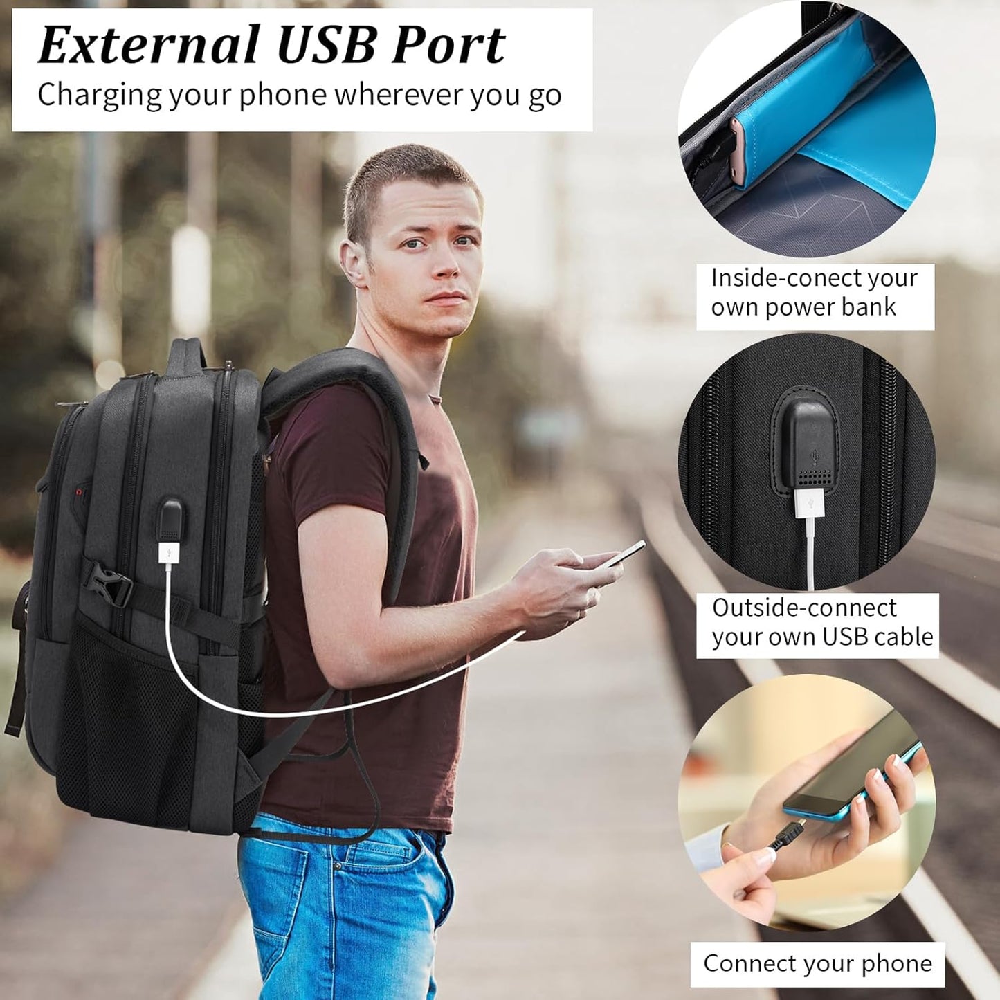 Wasserabweisender Reise-Laptop-Rucksack mit USB-Anschluss & organisierter Aufbewahrung | Karnz