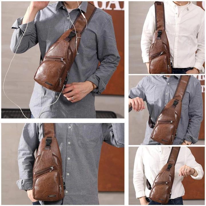 Karnz | Große Herren-Leder-Tasche Brust-Rucksack Wasserfester Crossbody-Bag mit USB