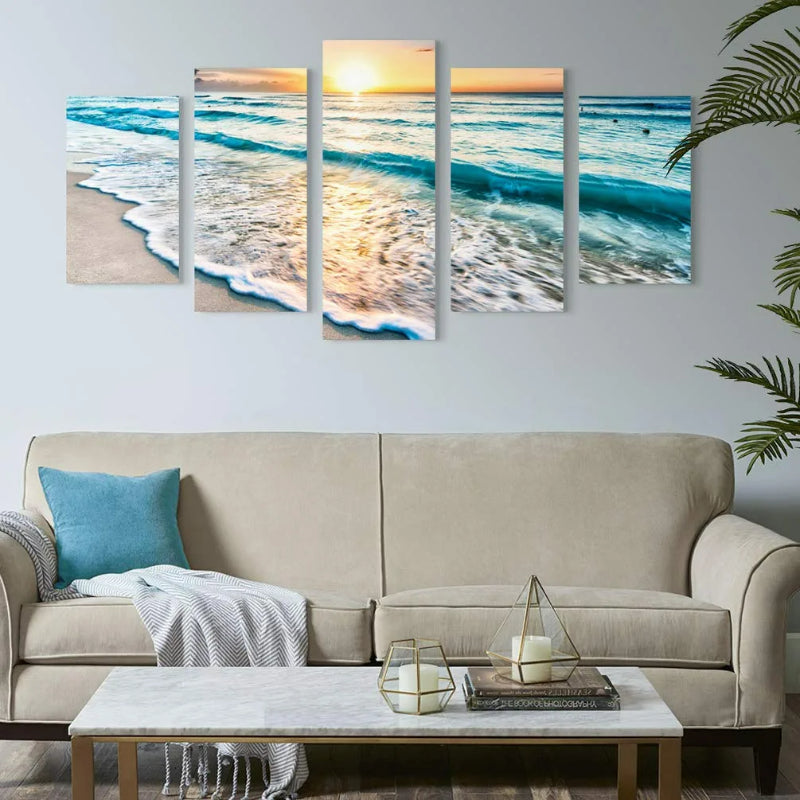 Set mit 5 dekorativen Leinwandbildern mit Meereslandschaft und Strandmotiv