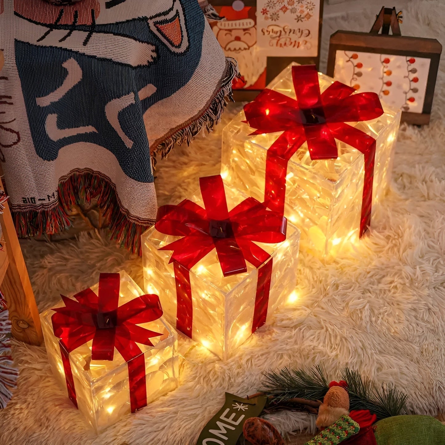 Leuchtende Geschenkboxen im 3er-Set – Transparente Weihnachtsdekoration mit roten Bändern | Für drinnen und draußen