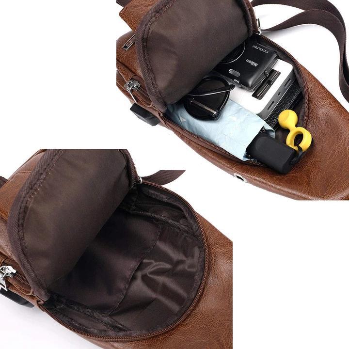 Karnz | Große Herren-Leder-Tasche Brust-Rucksack Wasserfester Crossbody-Bag mit USB