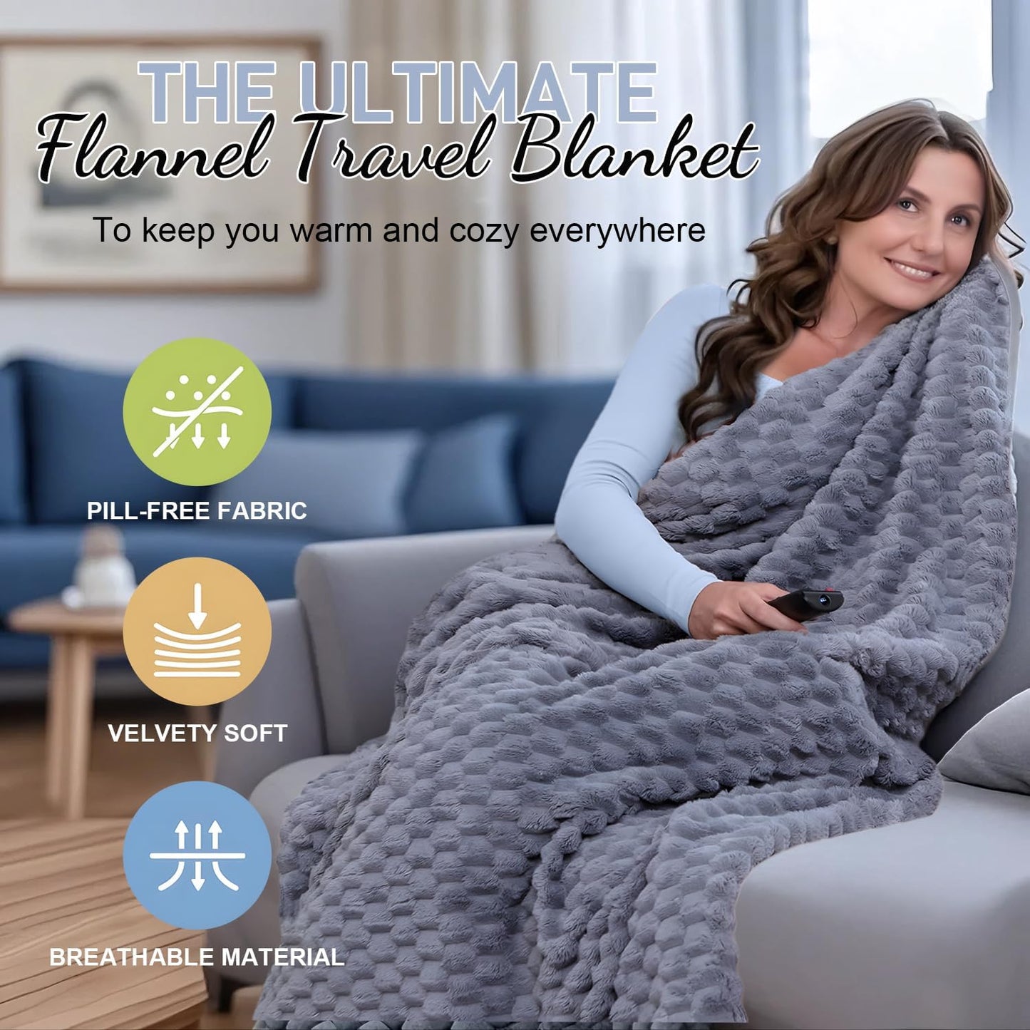 Packbare Flanell-Reisedecke mit Kissenbeutel und Gepäckhülle – Trevora