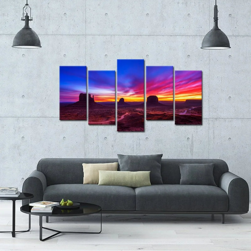 Set mit 5 dekorativen Leinwandbildern mit dramatischem Sonnenaufgangsmotiv