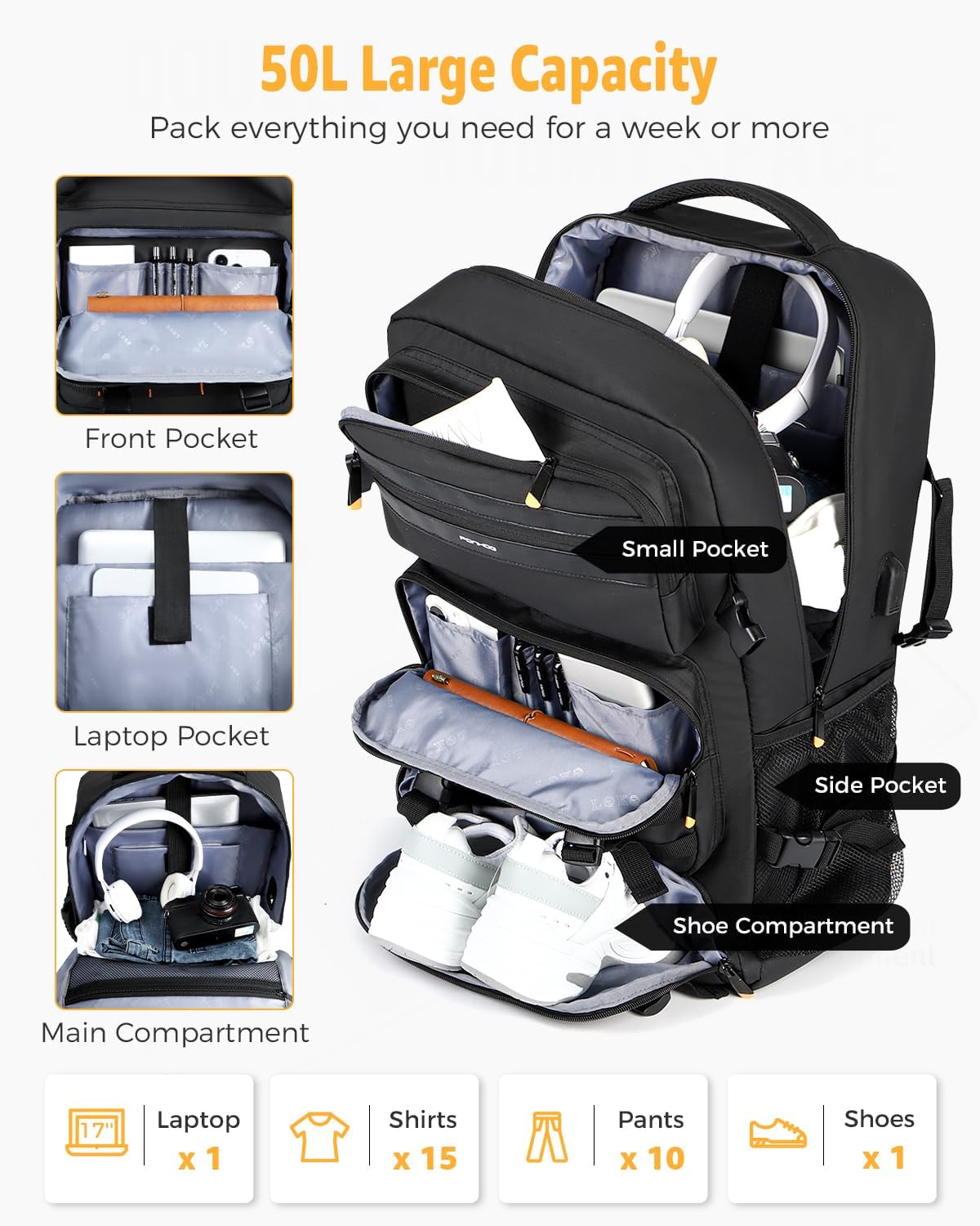 50L Flugbereiter Umwandelbarer Reise-Rucksack mit Schuhfach & USB-Anschluss | Karnz