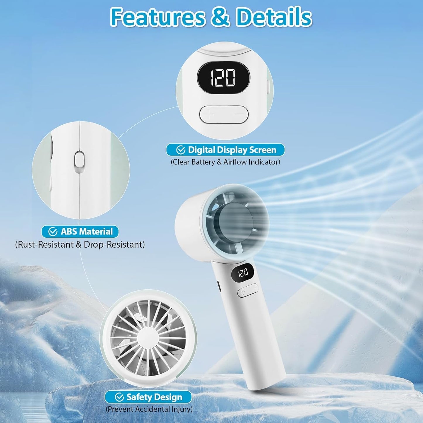 MTech Handheld Hochgeschwindigkeitsventilator – Wiederaufladbarer USB Mini Ventilator mit 120 Geschwindigkeiten & Anzeige | Karnz