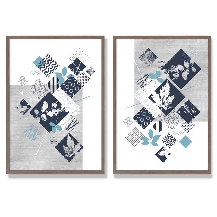 Set aus 2 Kunstdrucken mit Blumenrahmen in Blau und Grau (Mixed Media)