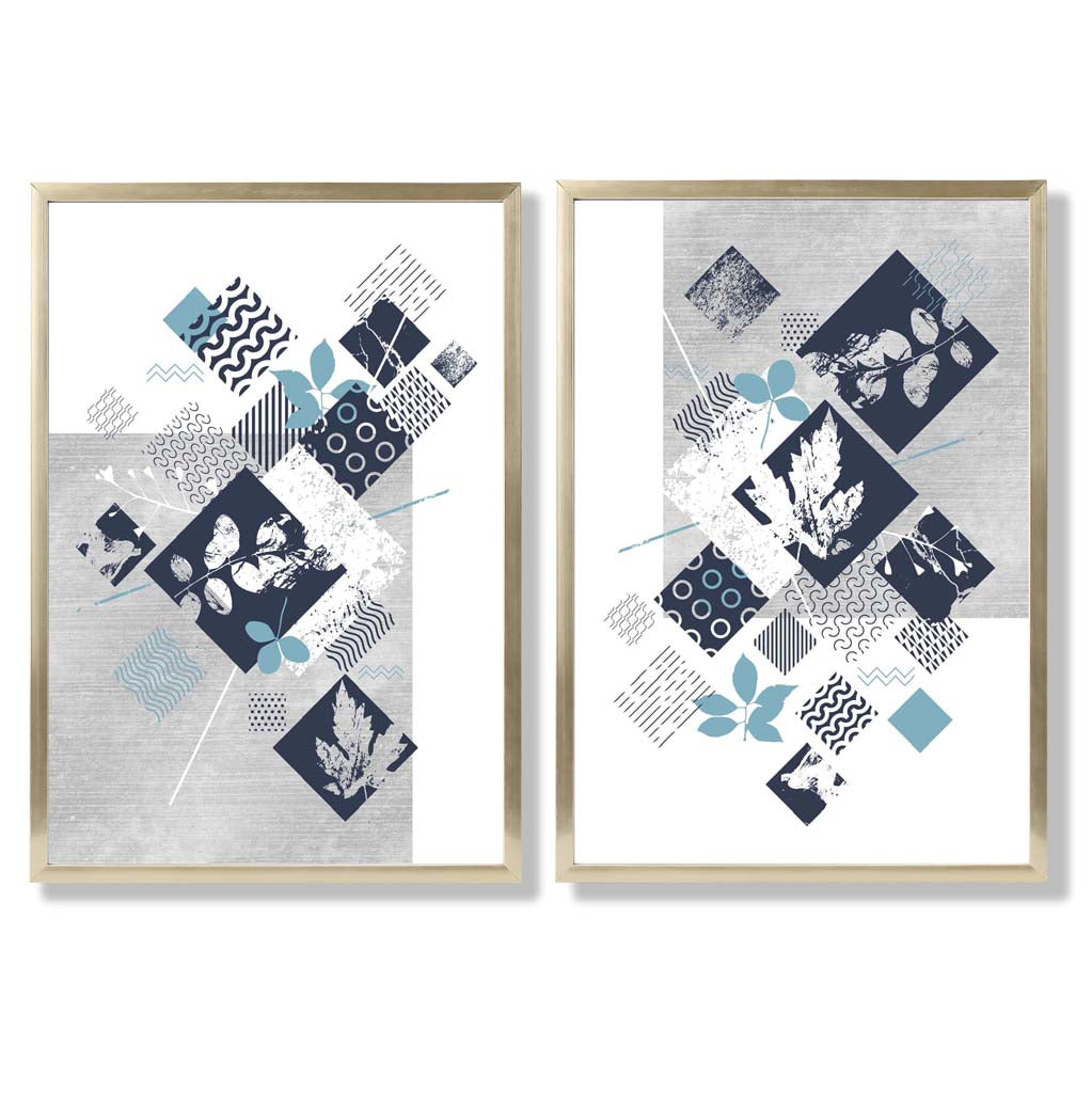 Set aus 2 Kunstdrucken mit Blumenrahmen in Blau und Grau (Mixed Media)