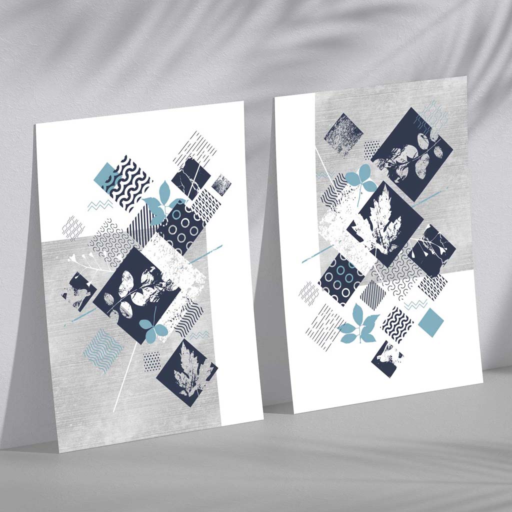 Set aus 2 Kunstdrucken mit floralem Muster in Blau und Grau (Mixed Media)