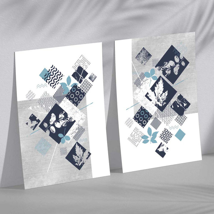 Set aus 2 Kunstdrucken mit floralem Muster in Blau und Grau (Mixed Media)