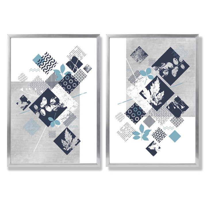 Set aus 2 Kunstdrucken mit Blumenrahmen in Blau und Grau (Mixed Media)
