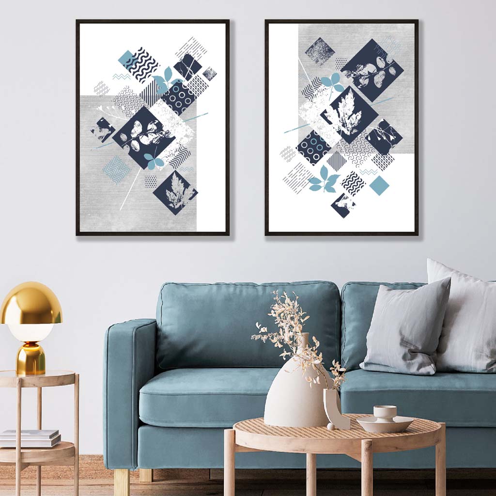 Set aus 2 Kunstdrucken mit Blumenrahmen in Blau und Grau (Mixed Media)