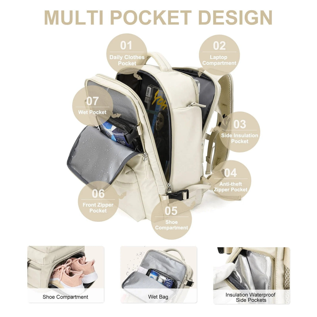 Karnz | Travelliva Damen Reise-Rucksack 35 L | Wasserdicht & mit USB-Anschluss | Anti-Diebstahl & Schuhfach | Für Wandern, Alltag & Reisen