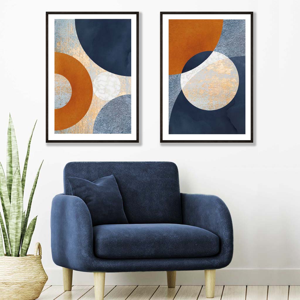 Set aus 2 Kunstdrucken in Mischtechnik in Blau und Orange