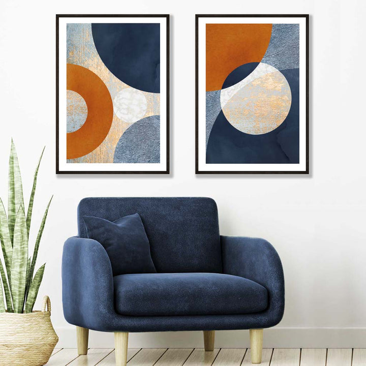 Set aus 2 Kunstdrucken in Mischtechnik in Blau und Orange