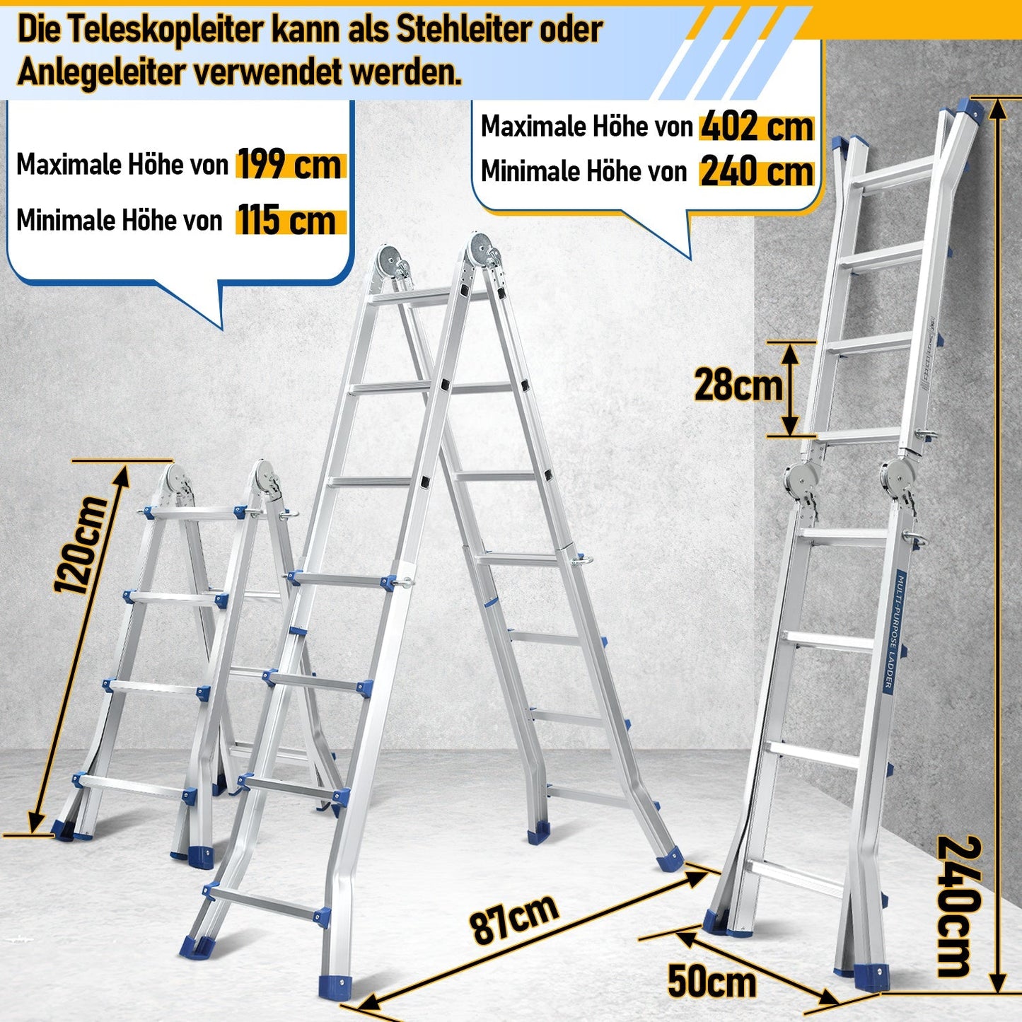 Teleskopleiter Multifunktionsleiter 3 in 1 Aluleiter | Karnz