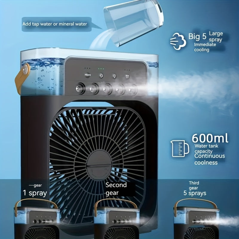 1pc Tragbare Klimaanlage, Tragbarer Luftkühler für den Haushalt, Hydrokühlventilator, Tragbare Luftanpassung für das Büro, 3-Geschwindigkeits-Luftkühlventilator-Luftbefeuchter, 5 Stück befeuchtete Sprühköpfe für Haushaltsgeräte | Karnz