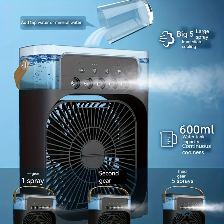 1pc Tragbare Klimaanlage, Tragbarer Luftkühler für den Haushalt, Hydrokühlventilator, Tragbare Luftanpassung für das Büro, 3-Geschwindigkeits-Luftkühlventilator-Luftbefeuchter, 5 Stück befeuchtete Sprühköpfe für Haushaltsgeräte | Karnz