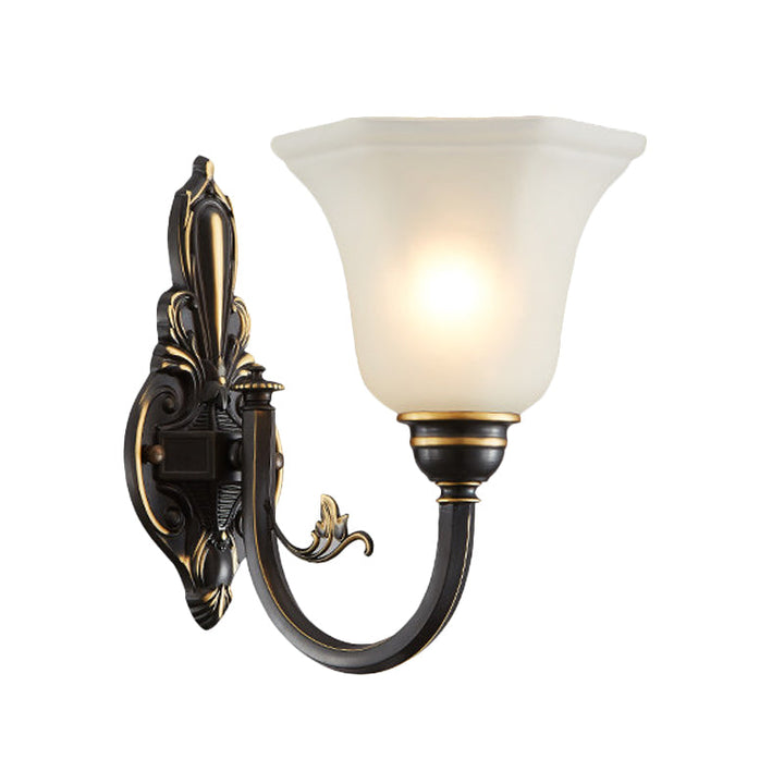 Gekrümmte Arm Flur Wandlampe Traditionelle Metall 1/2-Kopf Messing/Schwarz und Gold Wandleuchte mit Flared Frosted Glass Shade | Karnz