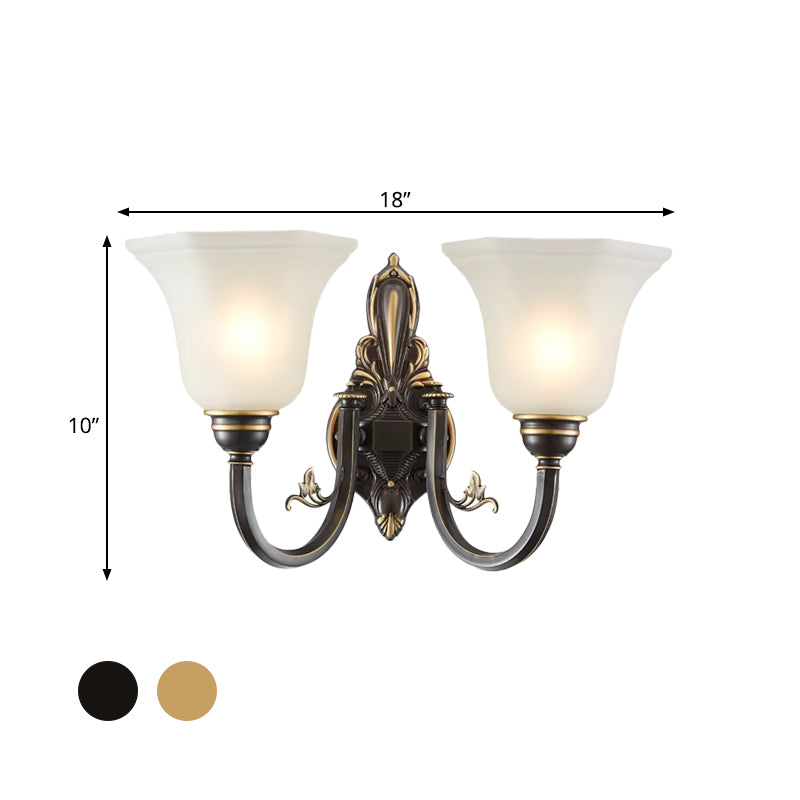 Gekrümmte Arm Flur Wandlampe Traditionelle Metall 1/2-Kopf Messing/Schwarz und Gold Wandleuchte mit Flared Frosted Glass Shade | Karnz