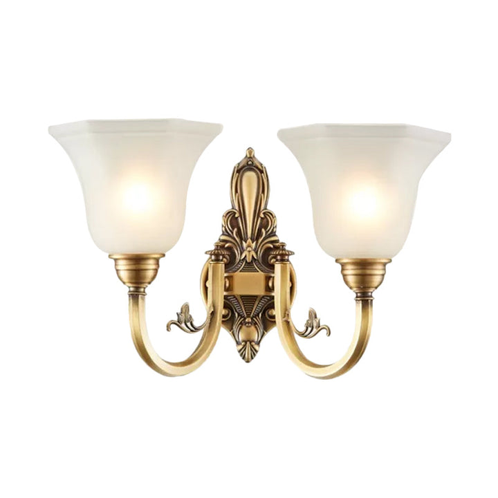 Gekrümmte Arm Flur Wandlampe Traditionelle Metall 1/2-Kopf Messing/Schwarz und Gold Wandleuchte mit Flared Frosted Glass Shade | Karnz