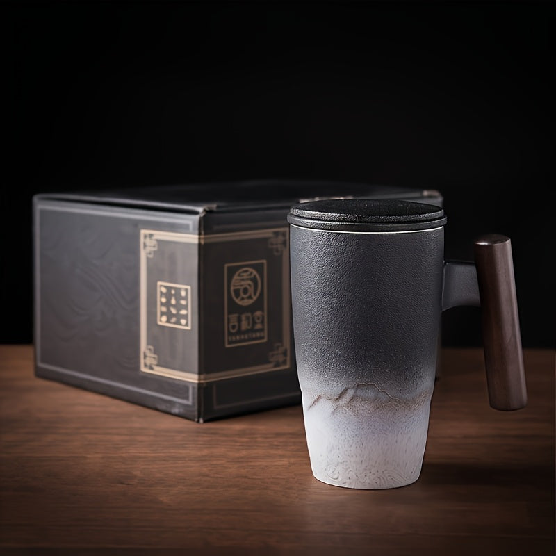 Karnz | TeaCraft Ceramic Mug | Handcrafted | With Tea Filter and Wooden Handle | Retro Design