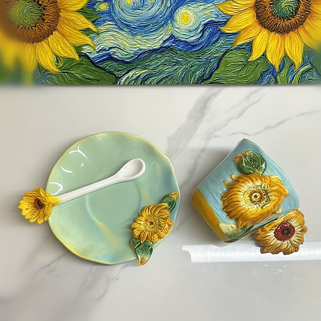 ArtSip Keramiktasse & Untertasse Set – Handgemalte 3D-Design inspiriert von Van Gogh | Karnz