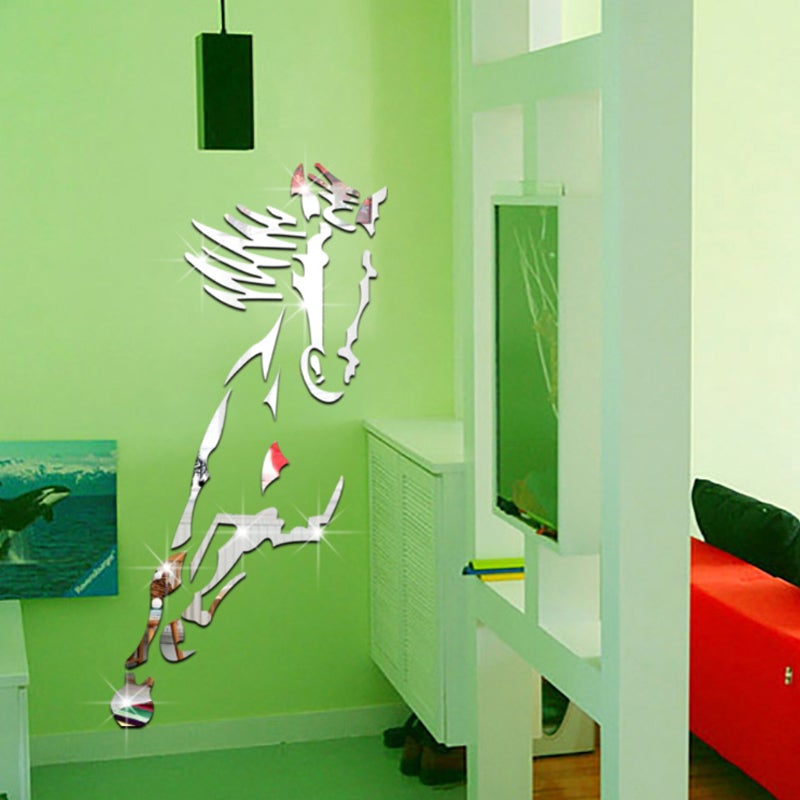 Wanddekoration: Galoppierendes Pferd, moderner 3D-Acryl-Spiegel-Pferd-Wandaufkleber
