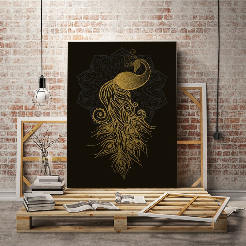 Abstract Golden Mandala Pfau - Canvas Wandkunst Malerei