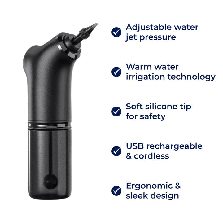 AquaCleanse | Elektrischer Ohrenwachsentferner – Einstellbarer Wasserstrahl – Silikontipp – Warme Spülung für Familien Karnz