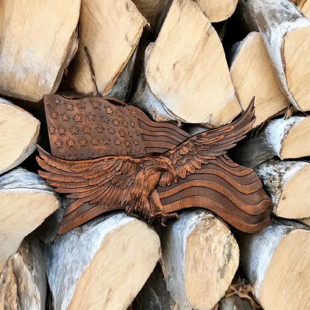 Amerikanische Flagge – Wanddeko aus Holz, handgeschnitzter Adler, patriotische Dekoration