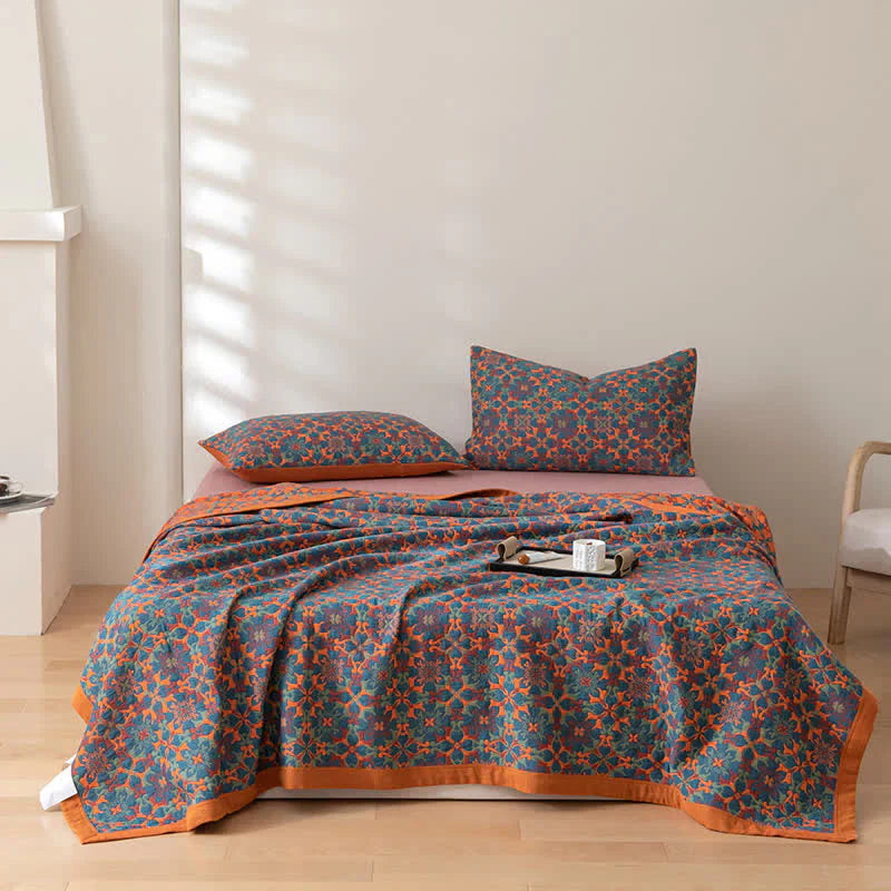Karnz | Orange & Blau Muster Sechs-Layer Baumwolle Decke - TerraLoom