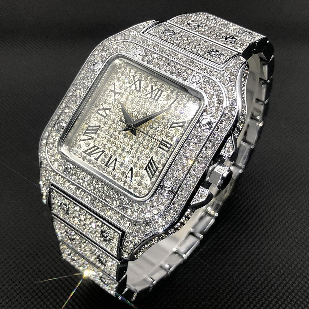 Karnz | MISSFOX Ice Out Square Herrenuhr | 18K Gold Nano-Vakuum-Beschichtung | Schweizer Quarz-Uhrwerk | Vollbesetzt mit Lab-Diamanten | Edelstahl-Gehäuse | Wasserdicht 3 ATM