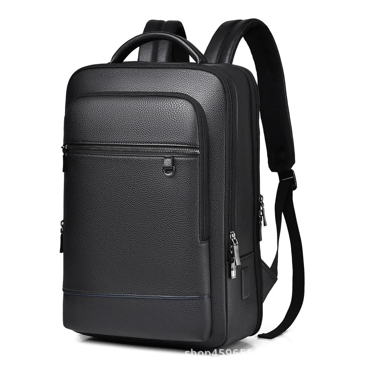Eleganter Lederrucksack für Damen und Herren mit USB-Anschluss für Laptop und den täglichen Gebrauch, 15,6 Zoll, schwarz